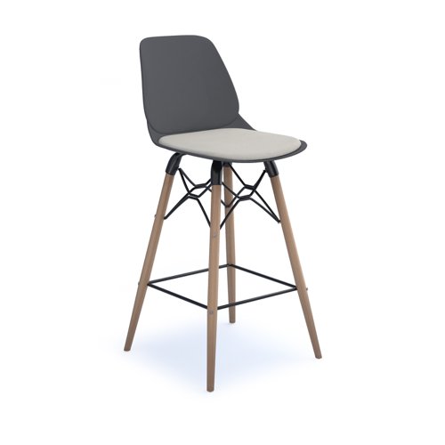 Strut stool with seat pad and natural oak 4 leg frame with black steel detail - grey