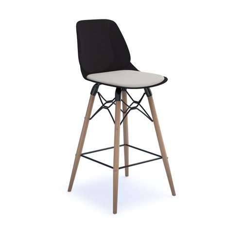 Strut stool with seat pad and natural oak 4 leg frame with black steel detail - black