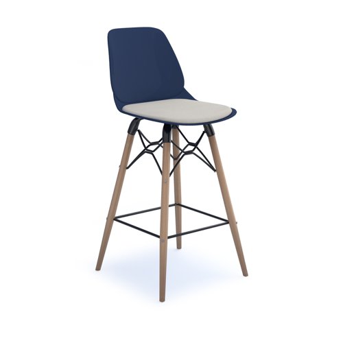 Strut stool with seat pad and natural oak 4 leg frame with black steel detail - navy blue