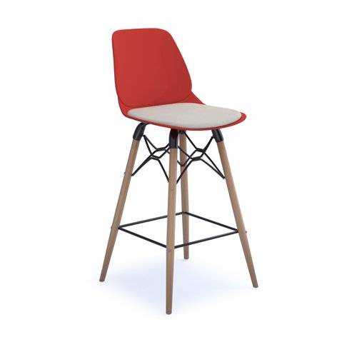 Strut stool with seat pad and natural oak 4 leg frame with black steel detail - red