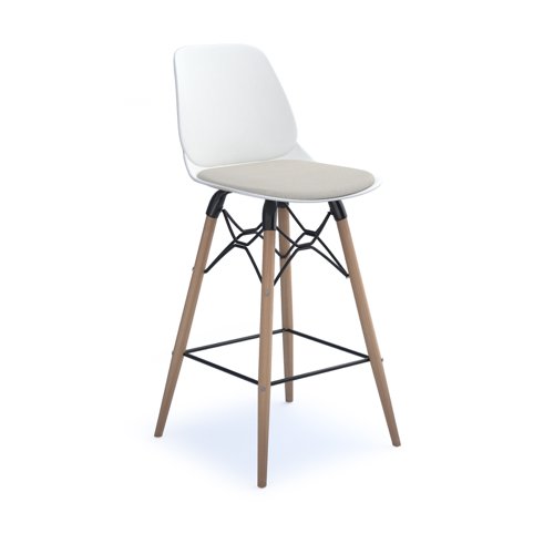 Strut stool with seat pad and natural oak 4 leg frame with black steel detail - white