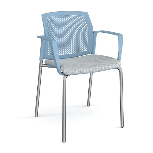 Santana 4 leg stacking chair with fabric seat and perforated blue back and chrome frame and fixed arms - made to order