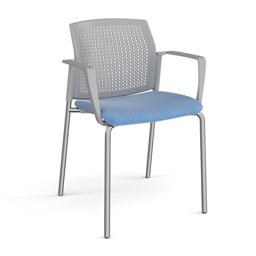 Santana 4 leg stacking chair with fabric seat and perforated grey back and chrome frame and fixed arms - made to order