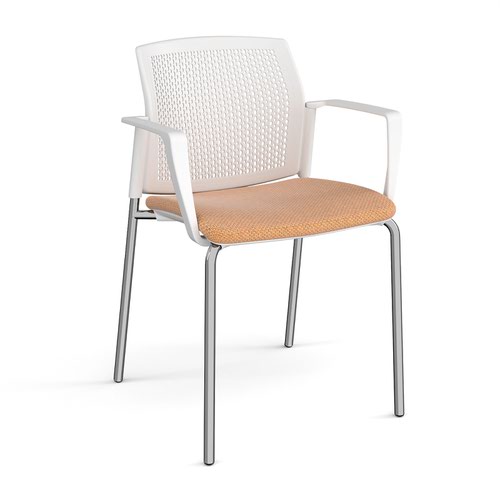 Santana 4 leg stacking chair with fabric seat and perforated white back and chrome frame and fixed arms - made to order