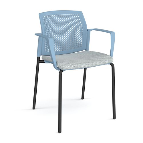 Santana 4 leg stacking chair with fabric seat and perforated blue back and black frame and fixed arms - made to order