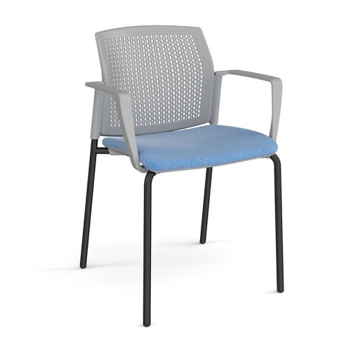 Santana 4 leg stacking chair with fabric seat and perforated grey back, black frame and fixed arms - made to order