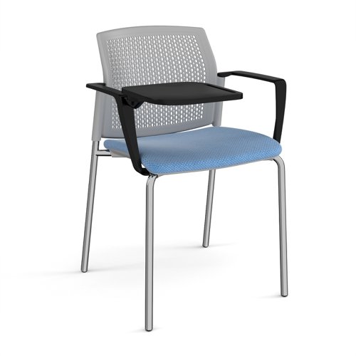 Santana 4 leg stacking chair with fabric seat and perforated grey back, chrome frame with arms and writing tablet - made to order