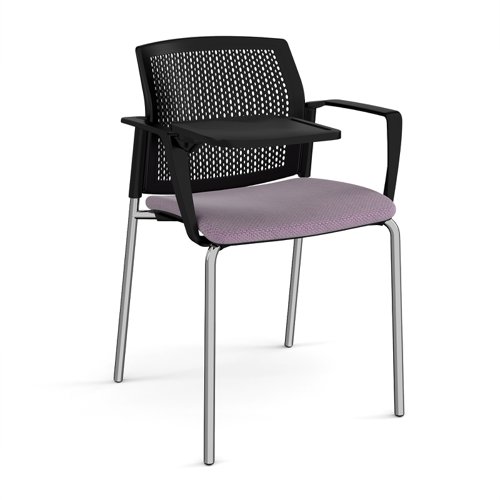 Santana 4 leg stacking chair with fabric seat and perforated black back, chrome frame with arms and writing tablet - made to order