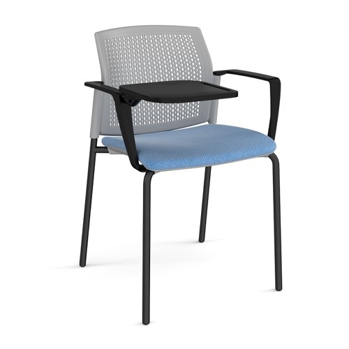 Santana 4 leg stacking chair with fabric seat and perforated grey back, black frame with arms and writing tablet - made to order