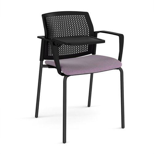 Santana 4 leg stacking chair with fabric seat and perforated black back, black frame with arms and writing tablet - made to order