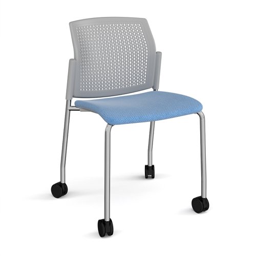 Santana 4 leg mobile chair with fabric seat and perforated grey back, chrome frame with castors and no arms - made to order