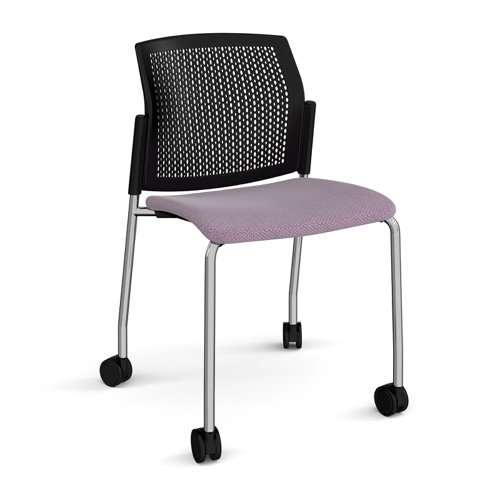 Santana 4 leg mobile chair with fabric seat and perforated black back, chrome frame with castors and no arms - made to order