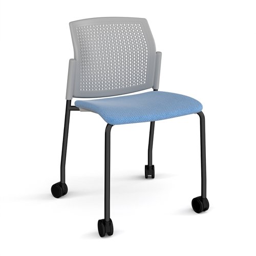 Santana 4 leg mobile chair with fabric seat and perforated grey back, black frame with castors and no arms - made to order