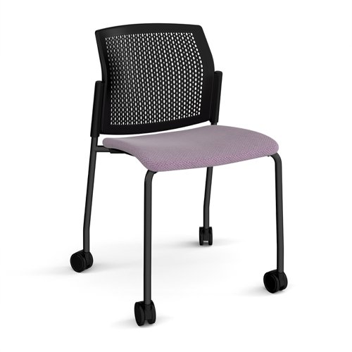 Santana 4 leg mobile chair with fabric seat and perforated black back, black frame with castors and no arms - made to order