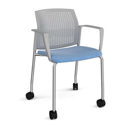 Santana 4 leg mobile chair with fabric seat and perforated grey back, chrome frame with castors and fixed arms - made to order