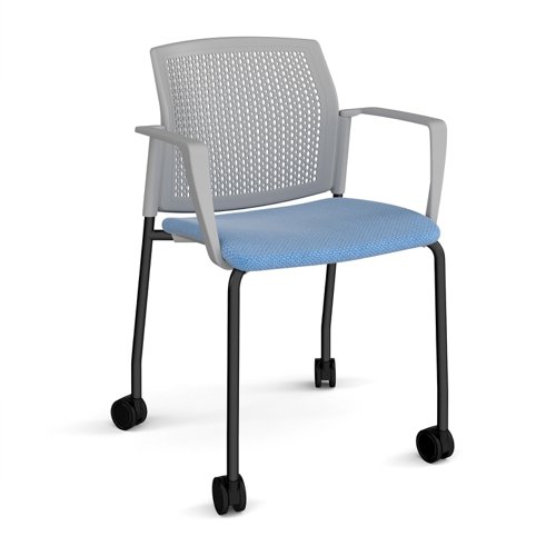 Santana 4 leg mobile chair with fabric seat and perforated grey back, black frame with castors and fixed arms - made to order