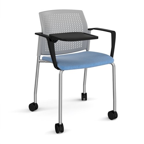 Santana 4 leg mobile chair with fabric seat and perforated grey back, chrome frame with castors, arms and writing tablet - made to order