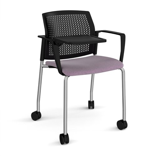 Santana 4 leg mobile chair with fabric seat and perforated black back, chrome frame with castors, arms and writing tablet - made to order