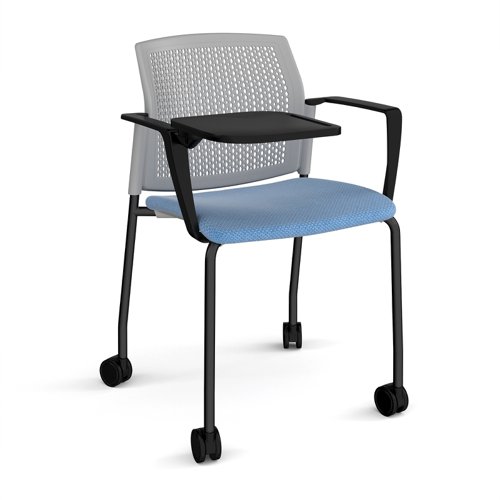 Santana 4 leg mobile chair with fabric seat and perforated grey back, black frame with castors, arms and writing tablet - made to order