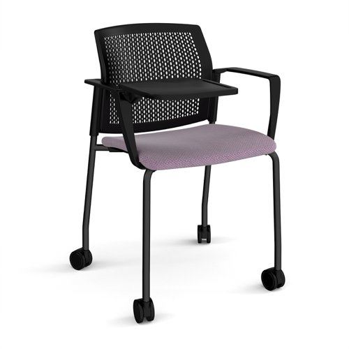 Santana 4 leg mobile chair with fabric seat and perforated black back, black frame with castors, arms and writing tablet - made to order