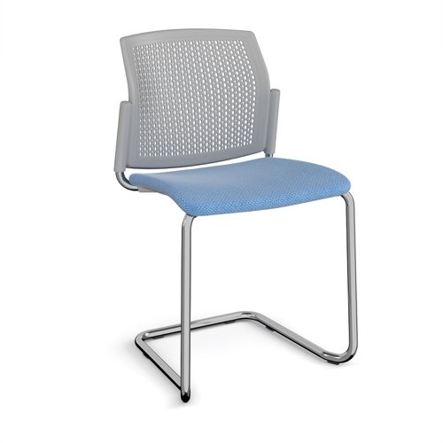 Santana cantilever chair with fabric seat and perforated grey back, chrome frame and no arms - made to order