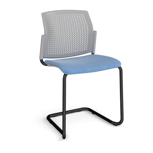 Santana cantilever chair with fabric seat and perforated grey back, black frame and no arms - made to order