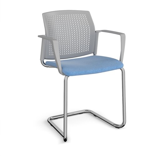 Santana cantilever chair with fabric seat and perforated grey back, chrome frame and fixed arms - made to order