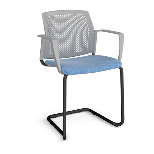Santana cantilever chair with fabric seat and perforated grey back, black frame and fixed arms - made to order