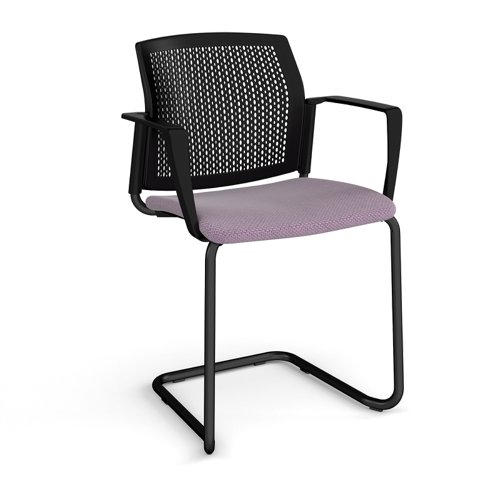 Santana cantilever chair with fabric seat and perforated black back, black frame and fixed arms - made to order
