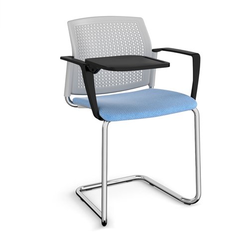 Santana cantilever chair with fabric seat and perforated grey back, chrome frame with arms and writing tablet - made to order