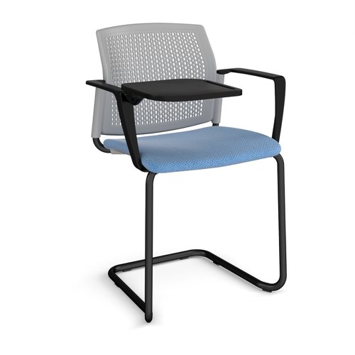 Santana cantilever chair with fabric seat and perforated grey back, black frame with arms and writing tablet - made to order
