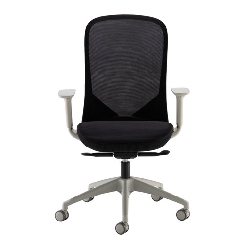Sway black mesh back adjustable operator chair with black fabric seat, grey frame and base