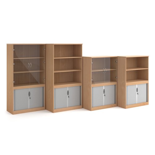 Systems combination unit with tambour doors and open top 1600mm high with 2 shelves - beech Bookcases With Storage TO16B