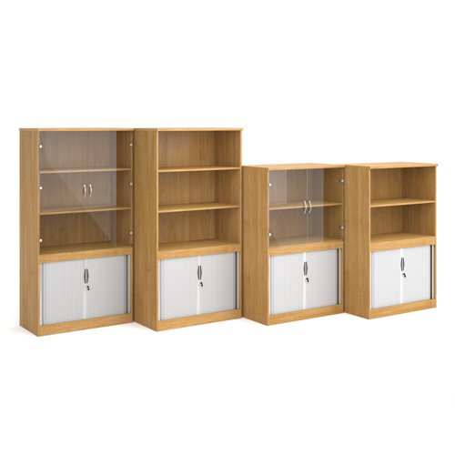 Systems combination unit with tambour doors and glass upper doors 1600mm high with 2 shelves - oak