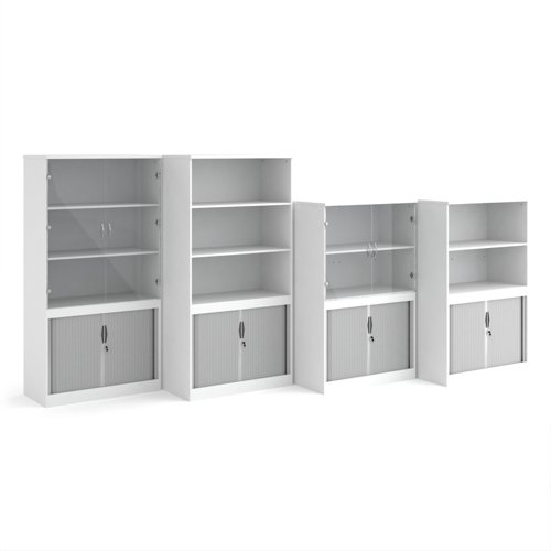 Systems combination unit with tambour doors and glass upper doors 2000mm high with 2 shelves - white