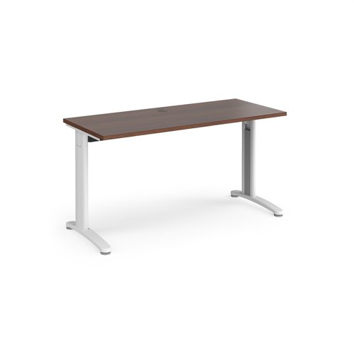 TR10 straight desk 1400mm x 600mm - white frame, walnut top T614WW Buy online at Office 5Star or contact us Tel 01594 810081 for assistance