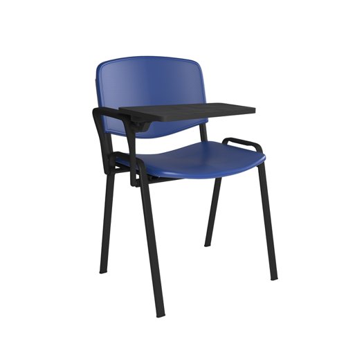 Taurus plastic meeting room chair with writing tablet - blue with black frame