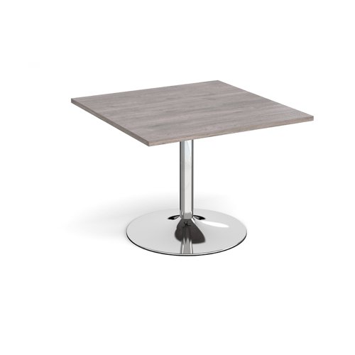 Trumpet base square extension table 1000mm x 1000mm - chrome base, grey oak top