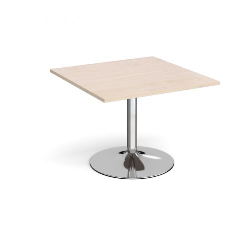 Trumpet Base Square Extension Table 1000mm X 1000mm Chrome Base Maple Top
