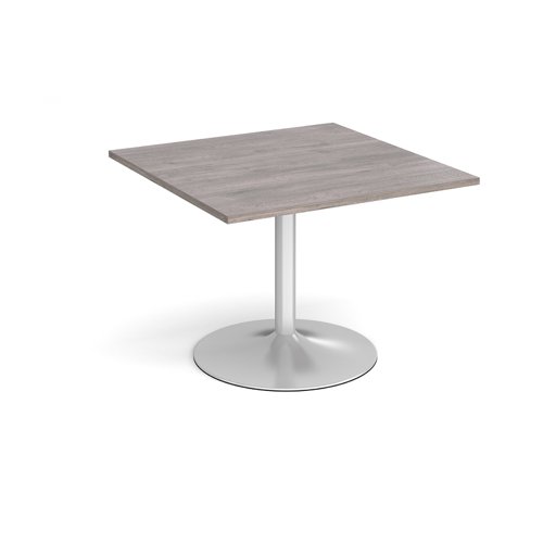 Trumpet base square extension table 1000mm x 1000mm - silver base, grey oak top