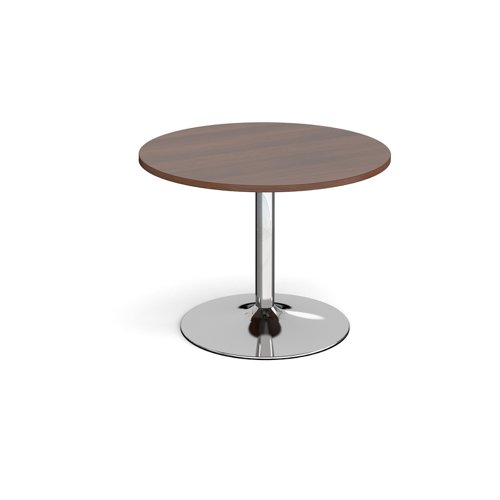 Trumpet base circular boardroom table 1000mm - chrome base, walnut top (Made-to-order 4 - 6 week lead time)