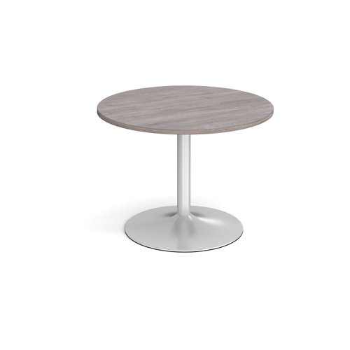 Trumpet base circular boardroom table 1000mm - silver base, grey oak top