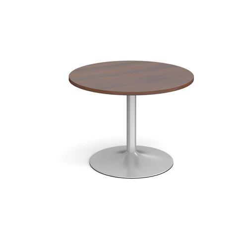 Trumpet base circular boardroom table 1000mm - silver base, walnut top | TB10C-S-W | Dams International