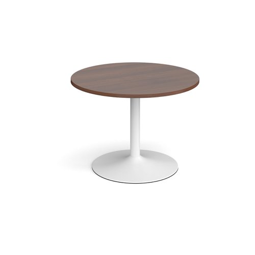Trumpet base circular boardroom table 1000mm - white base, walnut top (Made-to-order 4 - 6 week lead time)