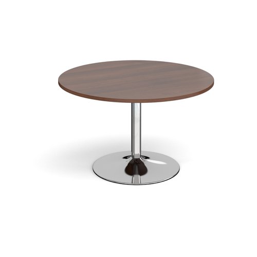 Trumpet base circular boardroom table 1200mm - chrome base, walnut top (Made-to-order 4 - 6 week lead time)