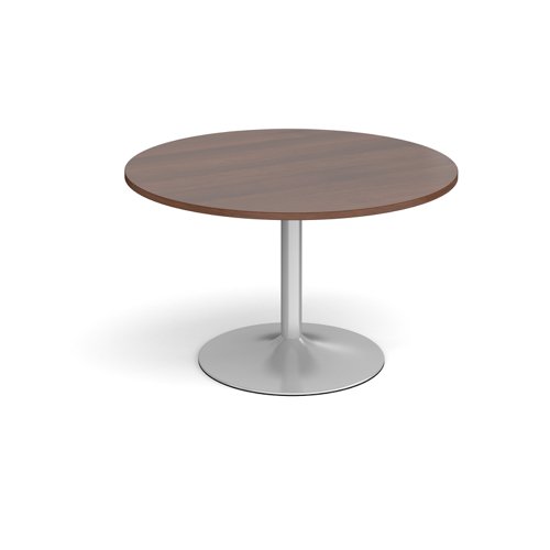 Trumpet base circular boardroom table 1200mm - silver base, walnut top