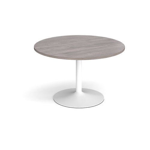 Trumpet base circular boardroom table 1200mm - white base, grey oak top