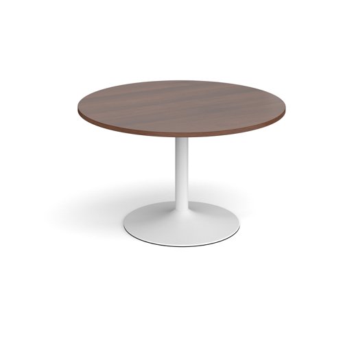 Trumpet base circular boardroom table 1200mm - white base, walnut top | TB12C-WH-W | Dams International