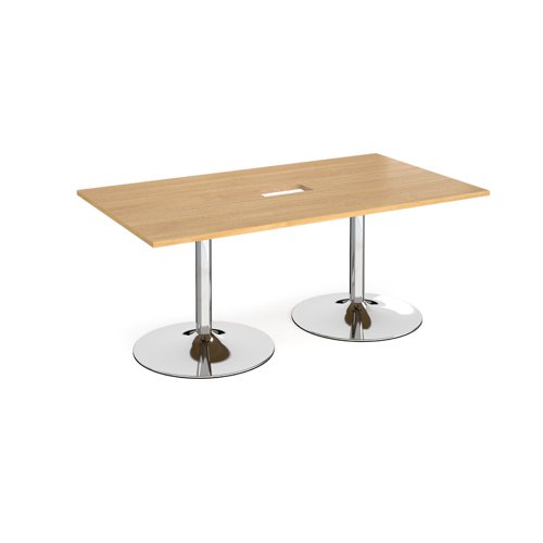 Trumpet base rectangular boardroom table 1800mm x 1000mm with central cutout 272mm x 132mm - chrome base, oak top