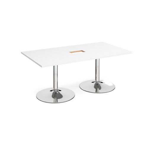 Trumpet base rectangular boardroom table 1800mm x 1000mm with central cutout 272mm x 132mm - chrome base, white top